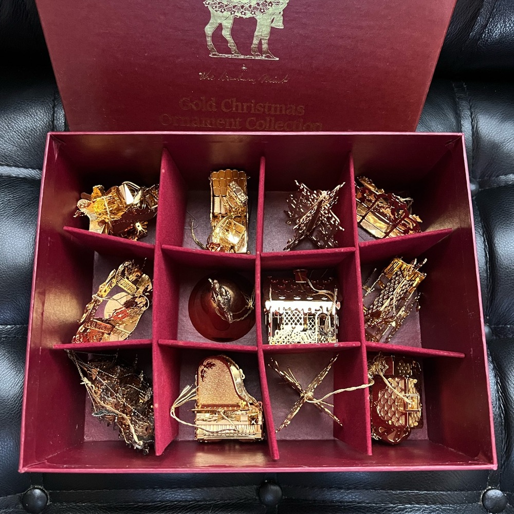 VTG 80s-90s Danbury Mint 23kt Gold Christmas Ornaments Lot of 12 w/Box